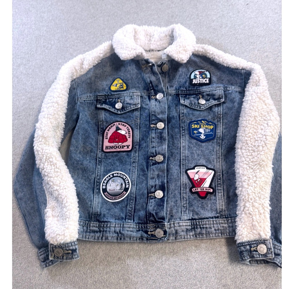 Justice Peanuts Snoopy Denim Jacket Kids Size 7/8 Blue Sherpa Patches Kidcore